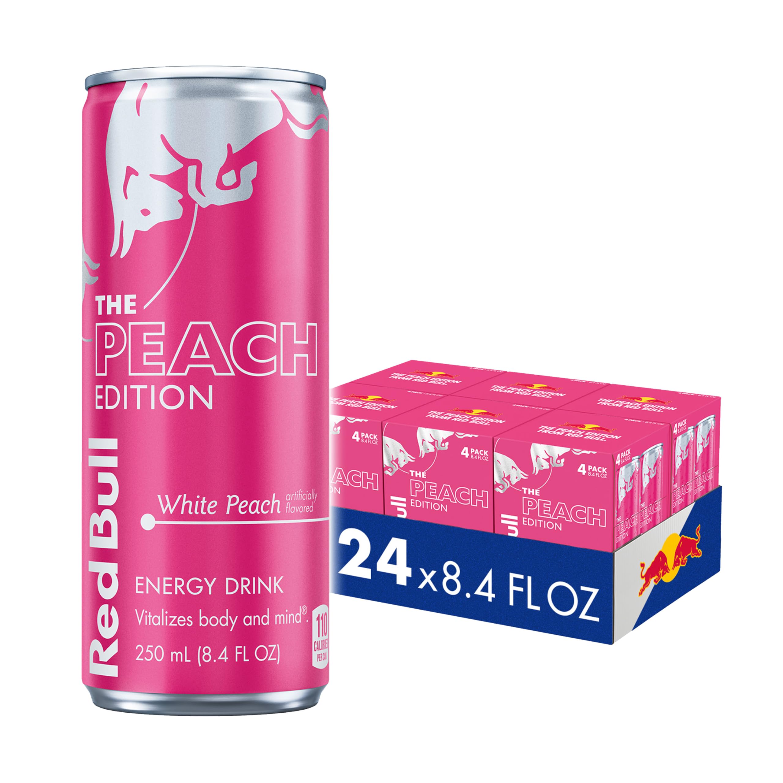 Red Bull White Peach frontal mostrando lata elegante y refrescante