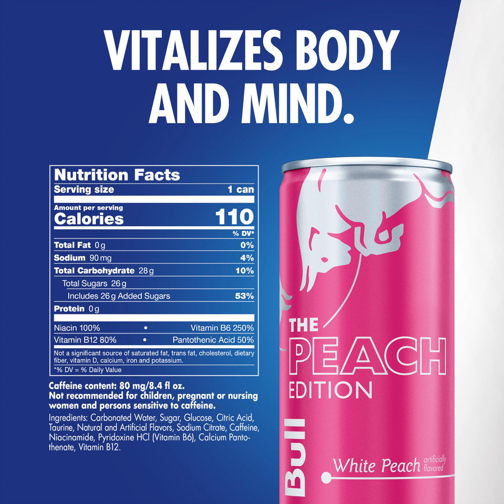 Detalle de la textura de la lata Red Bull White Peach y su brillo metálico