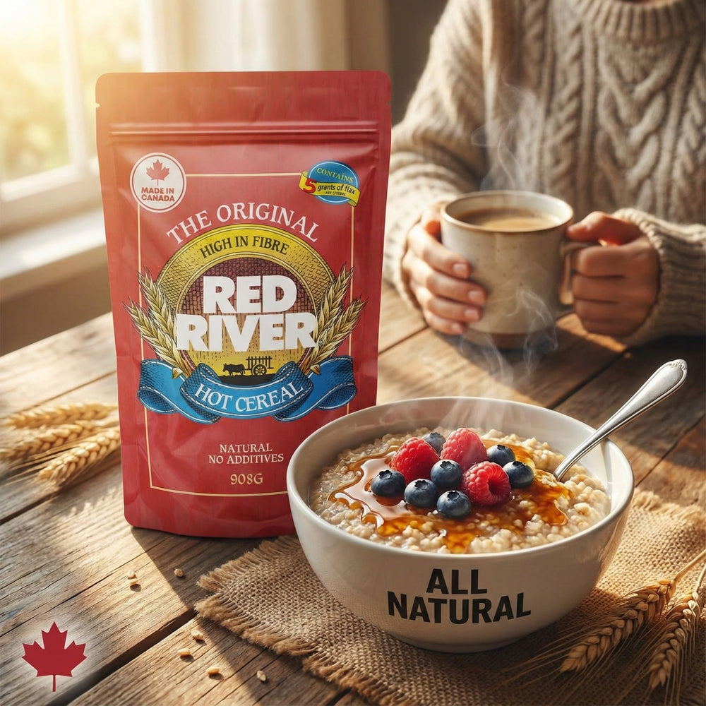 Red River tazón servido con frutas aporta sabor y energía matutina