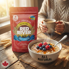 Red River tazón servido con frutas aporta sabor y energía matutina