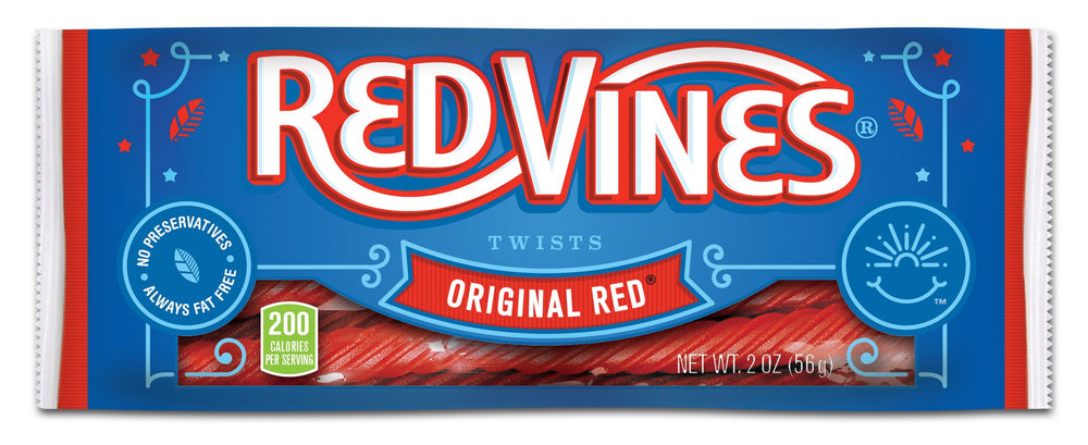 Red Vines empaque frontal mostrando el logo y tamaño práctico