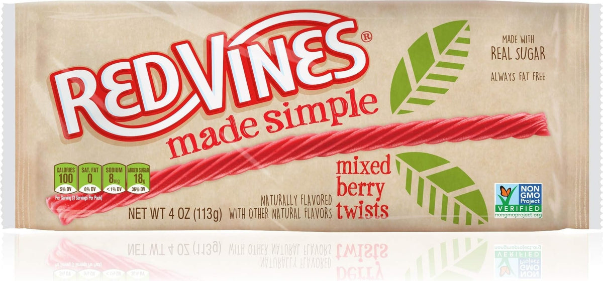 Red Vines bandeja frontal muestra tiras berry, marca y conveniencia