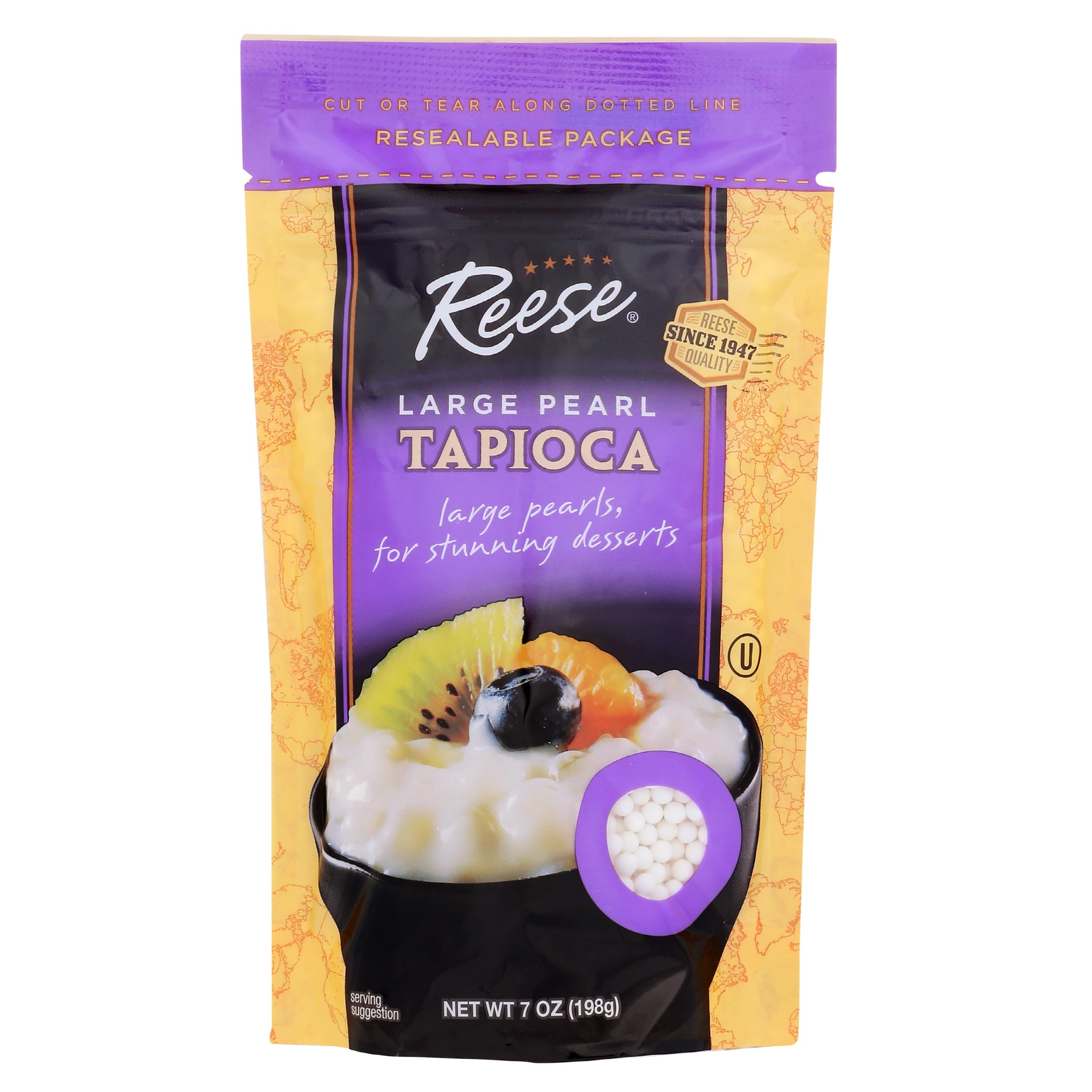 Reese perlas de tapioca frente del empaque mostrando bolsa de 7 oz y facilidad de uso