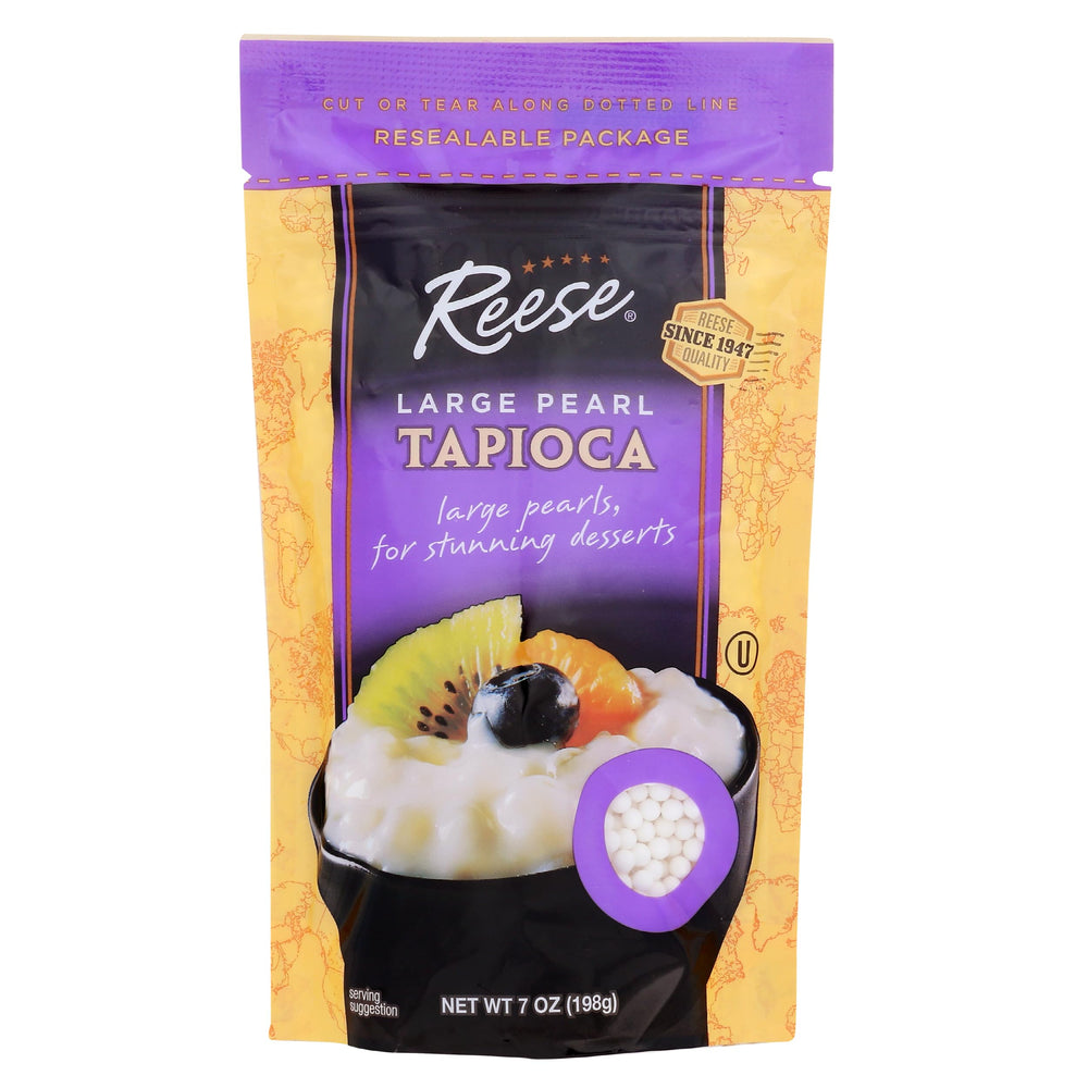 Reese perlas de tapioca frente del empaque mostrando bolsa de 7 oz y facilidad de uso