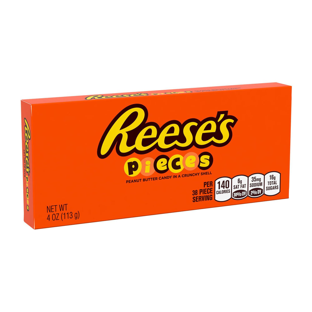 Reese's Pieces vista frontal de la caja mostrando tamaño y colores, ideal para snack