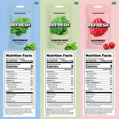 Refresh Gum bolsa abierta con piezas dentro, fácil acceso y porciones