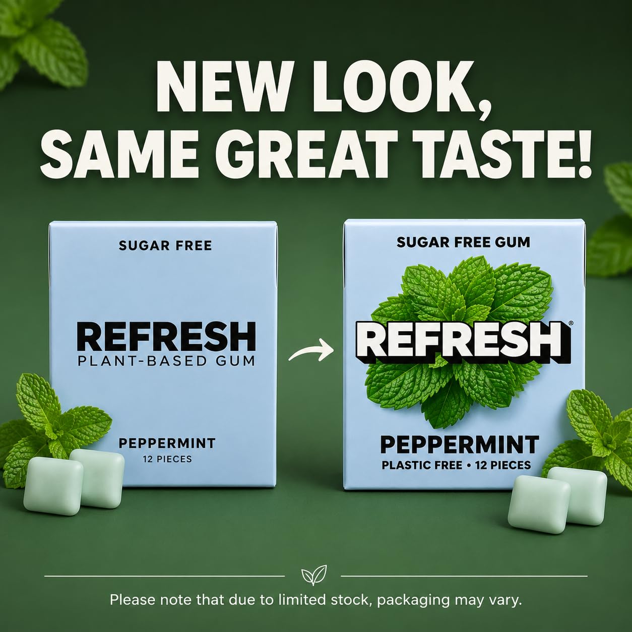 Refresh Gum primer plano de la textura del chicle resaltando base vegetal