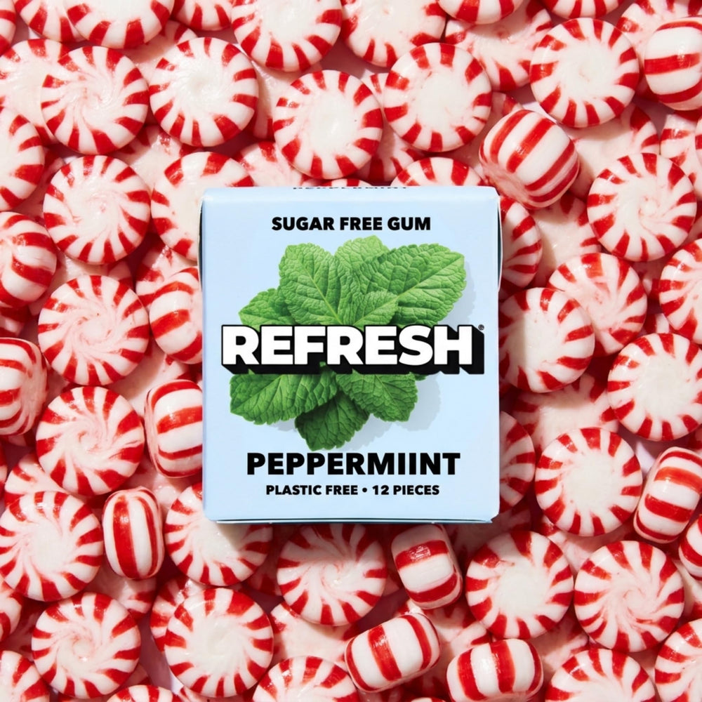 Refresh Gum etiqueta nutricional visible subrayando ingredientes sin azúcar