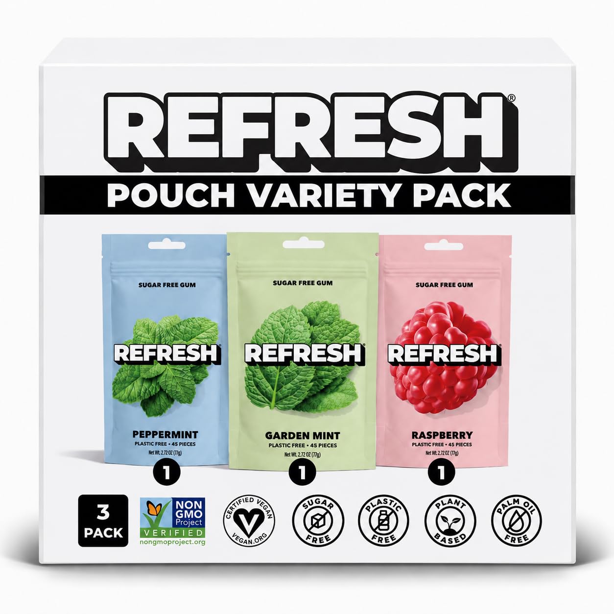 Refresh Gum frontal del pack de 3 mostrando pouches, práctico y portátil