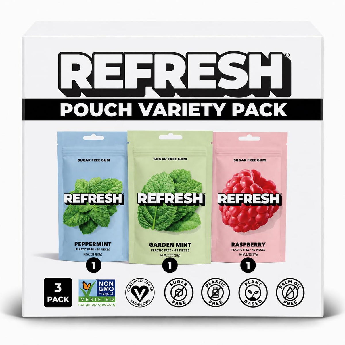 Refresh Gum frontal del pack de 3 mostrando pouches, práctico y portátil