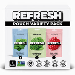 Refresh Gum frontal del pack de 3 mostrando pouches, práctico y portátil