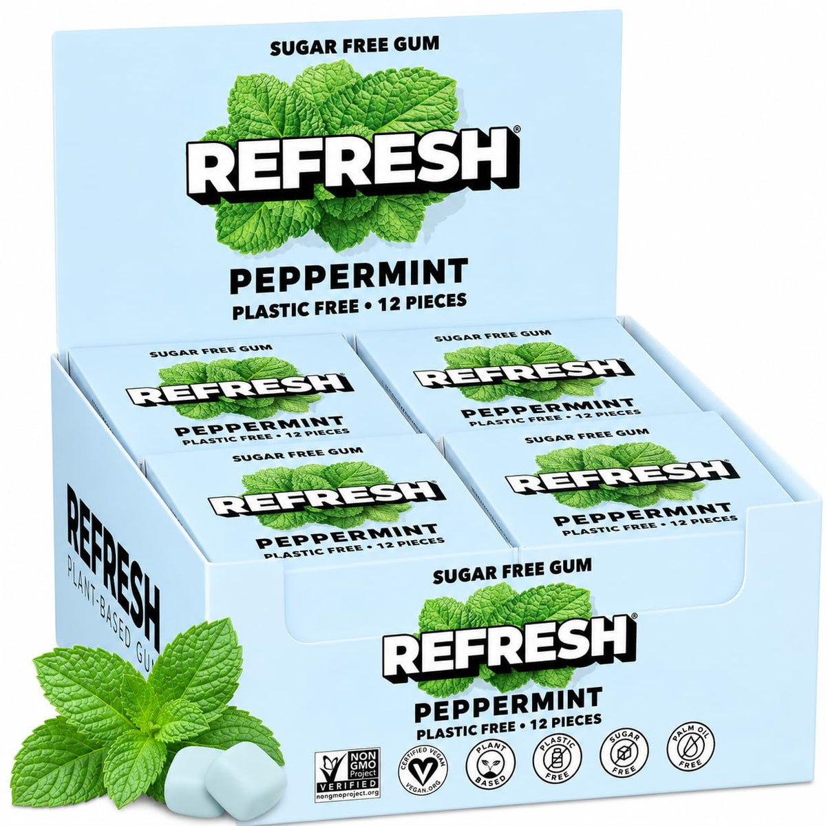Refresh Gum empaquetado delantero mostrando diseño y beneficios sostenibles