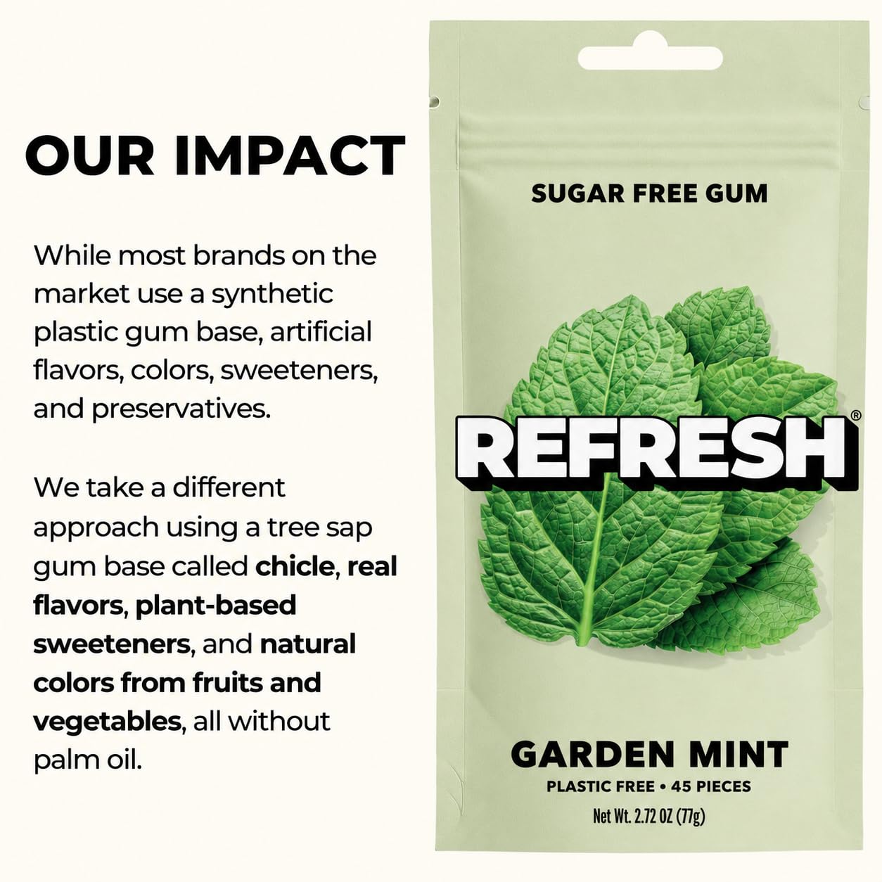 Refresh Gum pouch en mano para comparar tamaño, formato cómodo