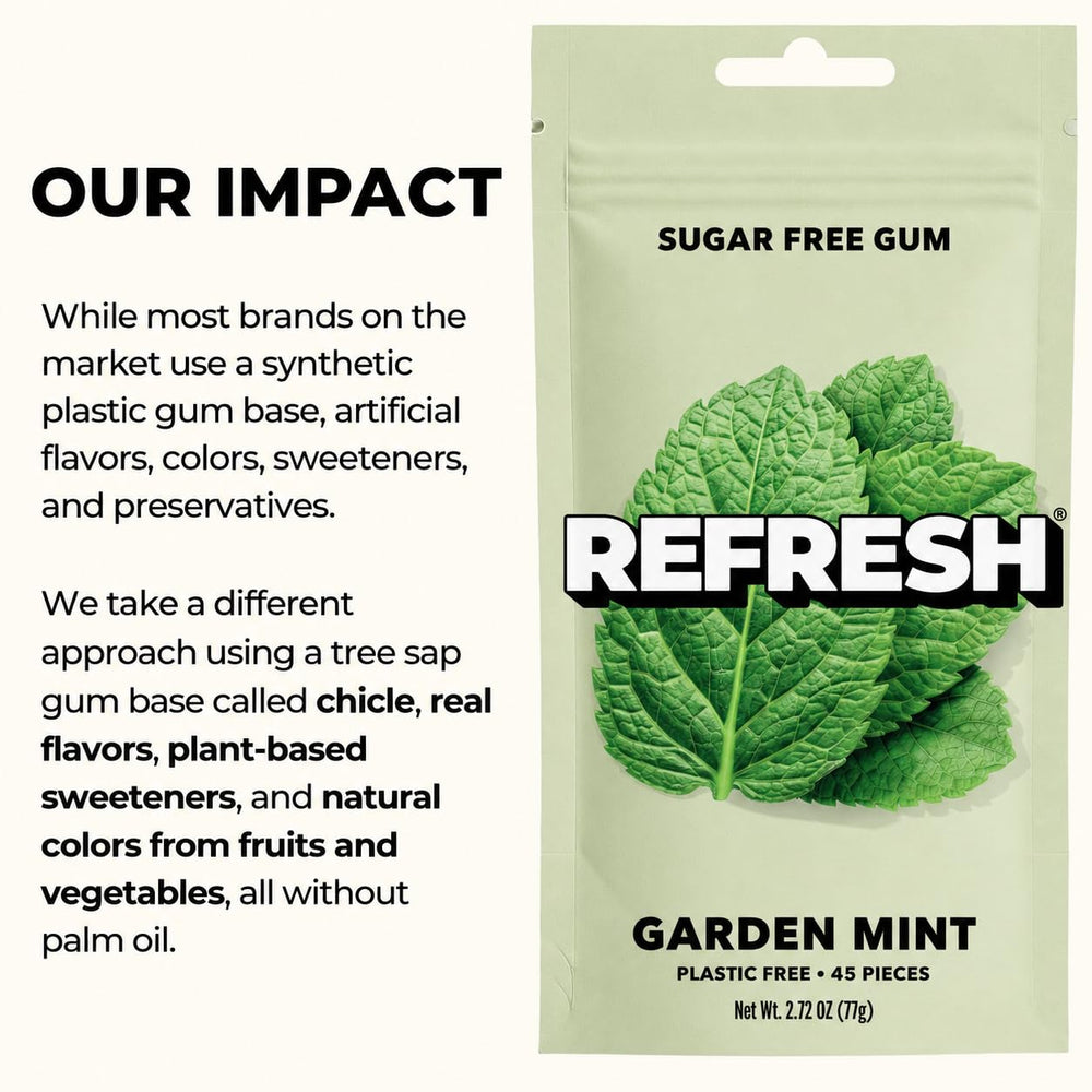 Refresh Gum pouch en mano para comparar tamaño, formato cómodo