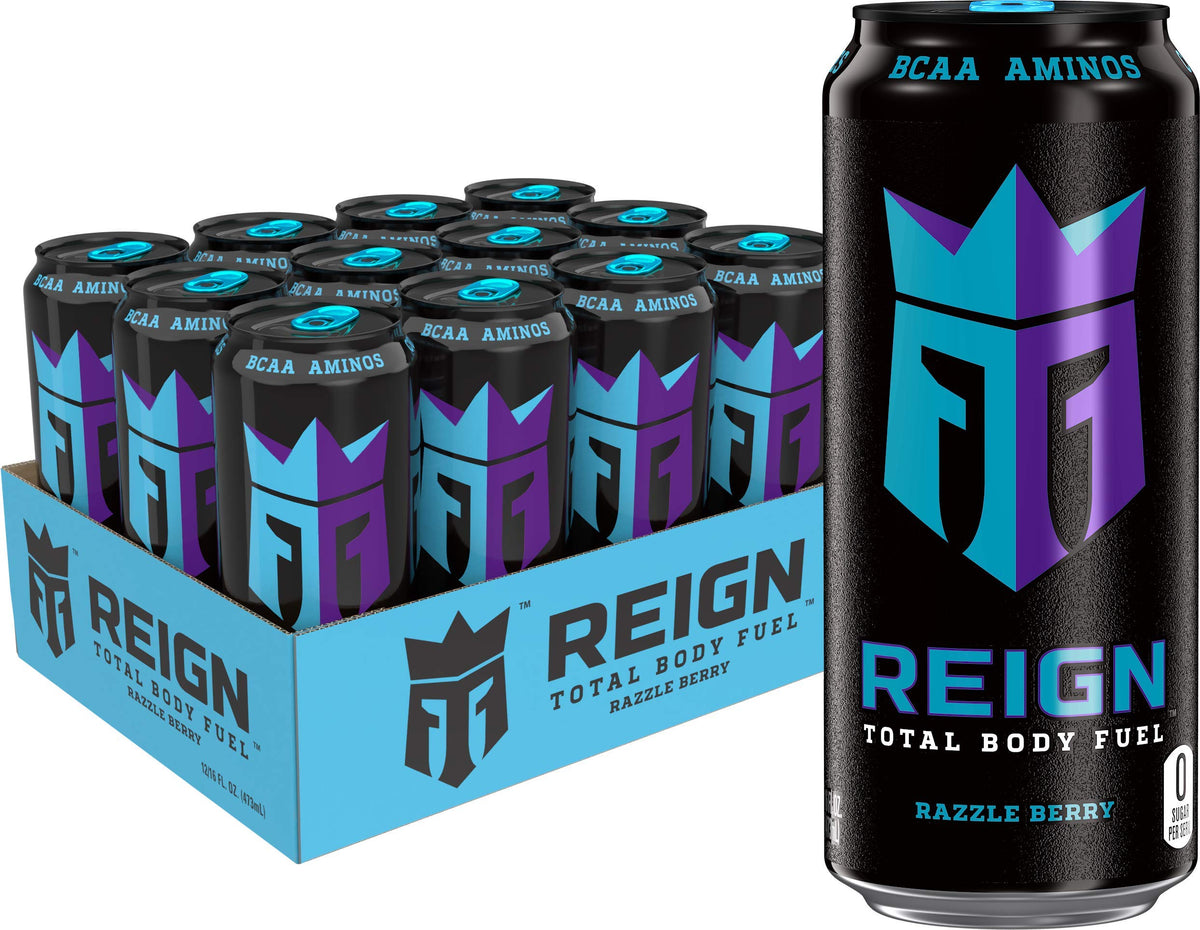 Reign lata frontal Razzle Berry mostrando diseño y beneficio energético