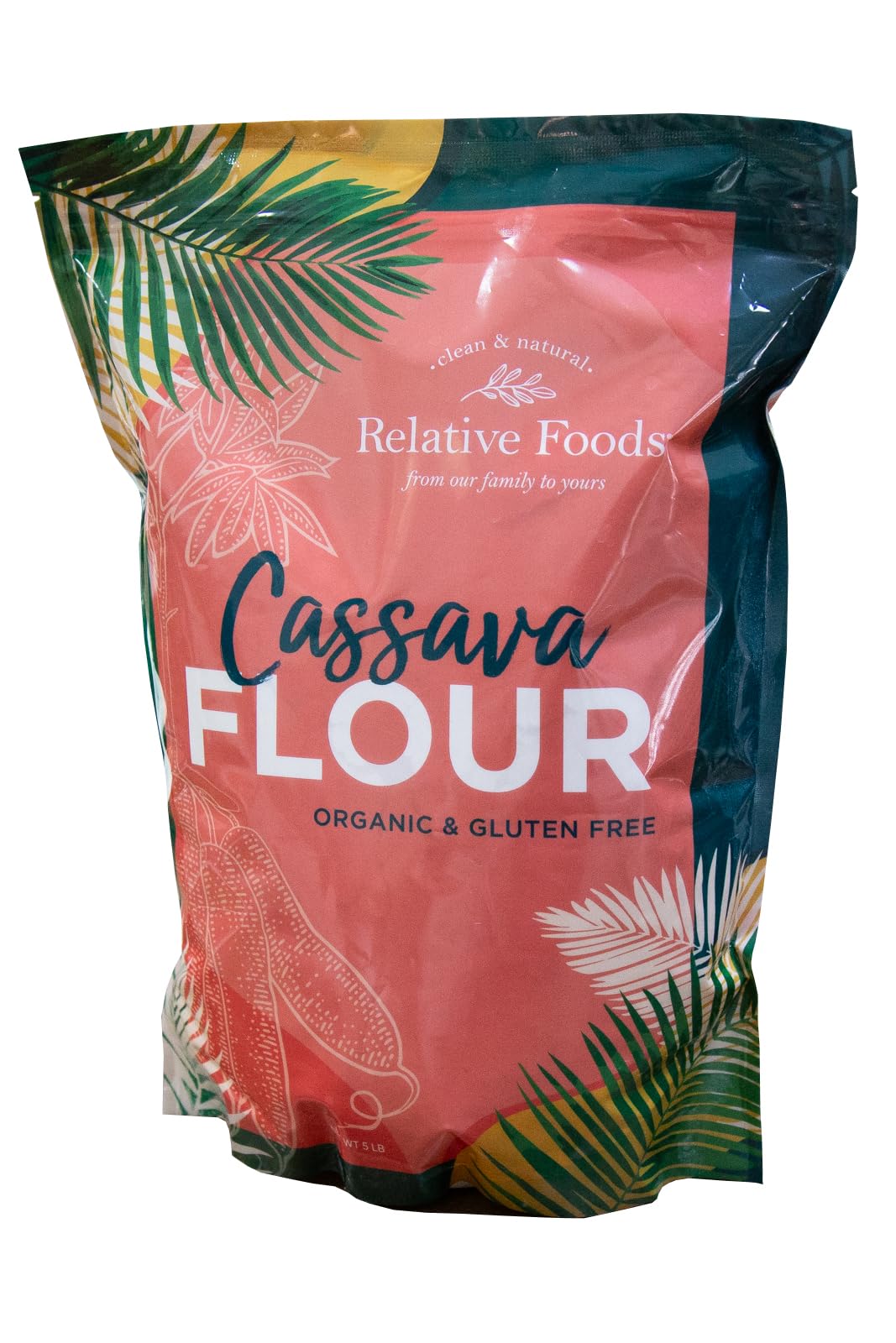 Relative Foods paquete frontal de harina de yuca orgánica 5 lb, almacenamiento práctico