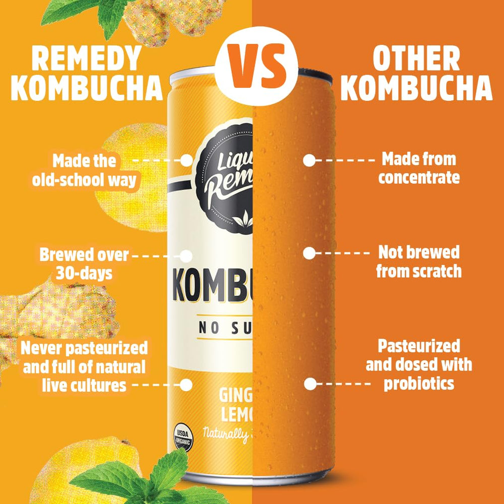 Remedy kombucha servida en vaso con color claro y burbujas