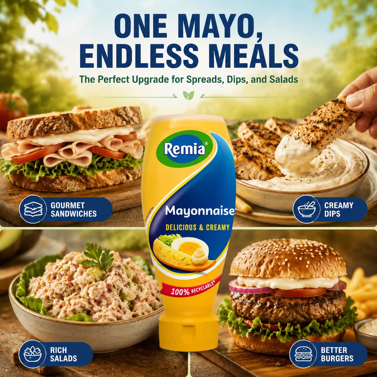 Remia mayonesa servida con patatas fritas al estilo holandés para mojar