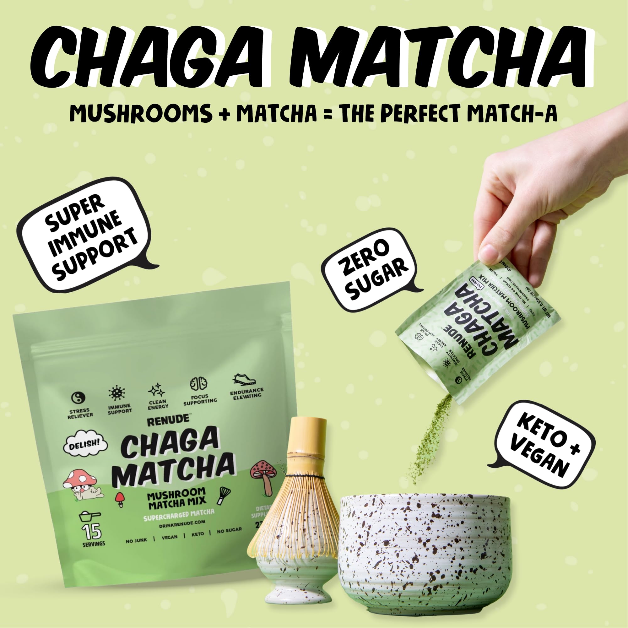 Renude polvo de Chaga Matcha en primer plano con textura fina y color verde