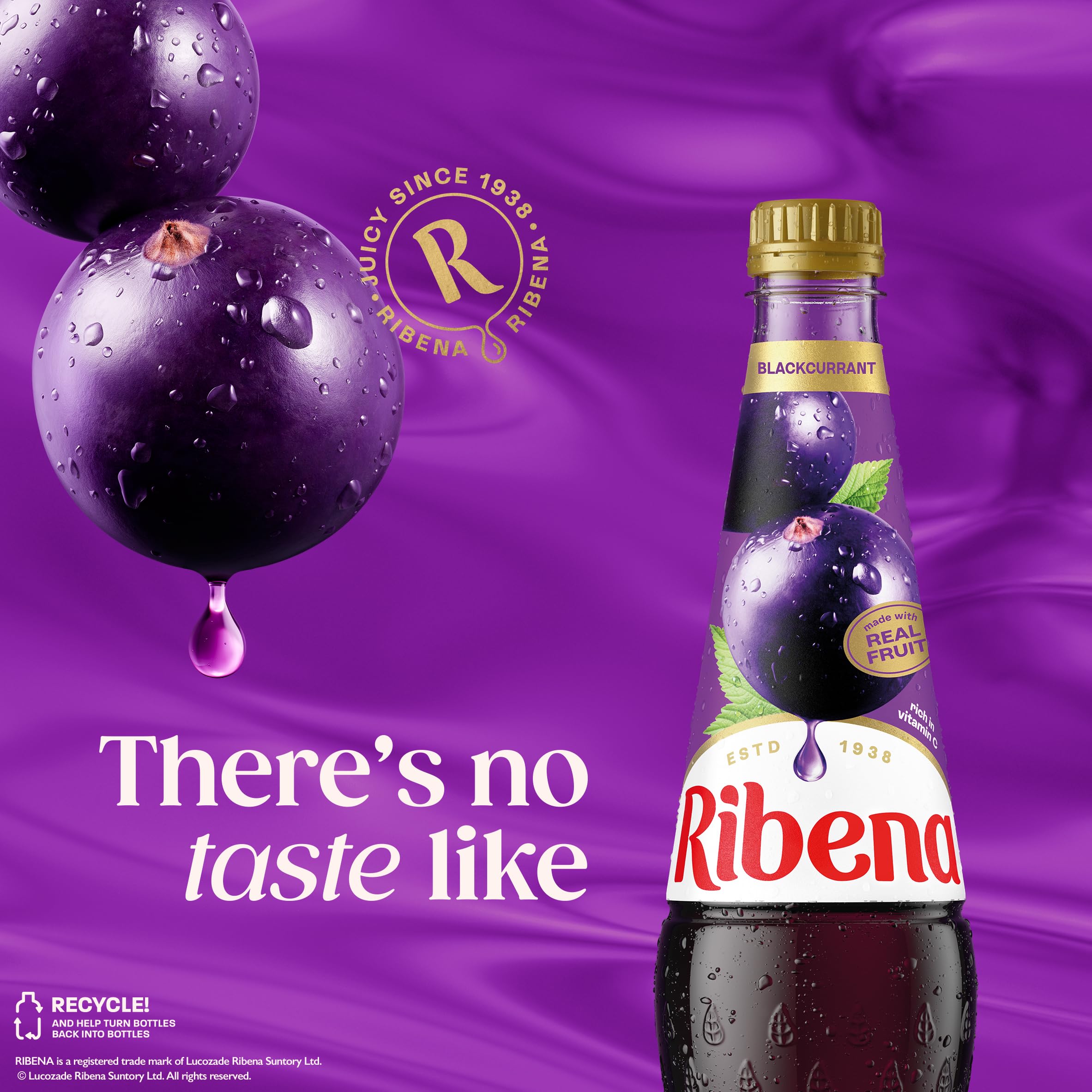 Ribena junto a grosellas negras subrayando origen británico