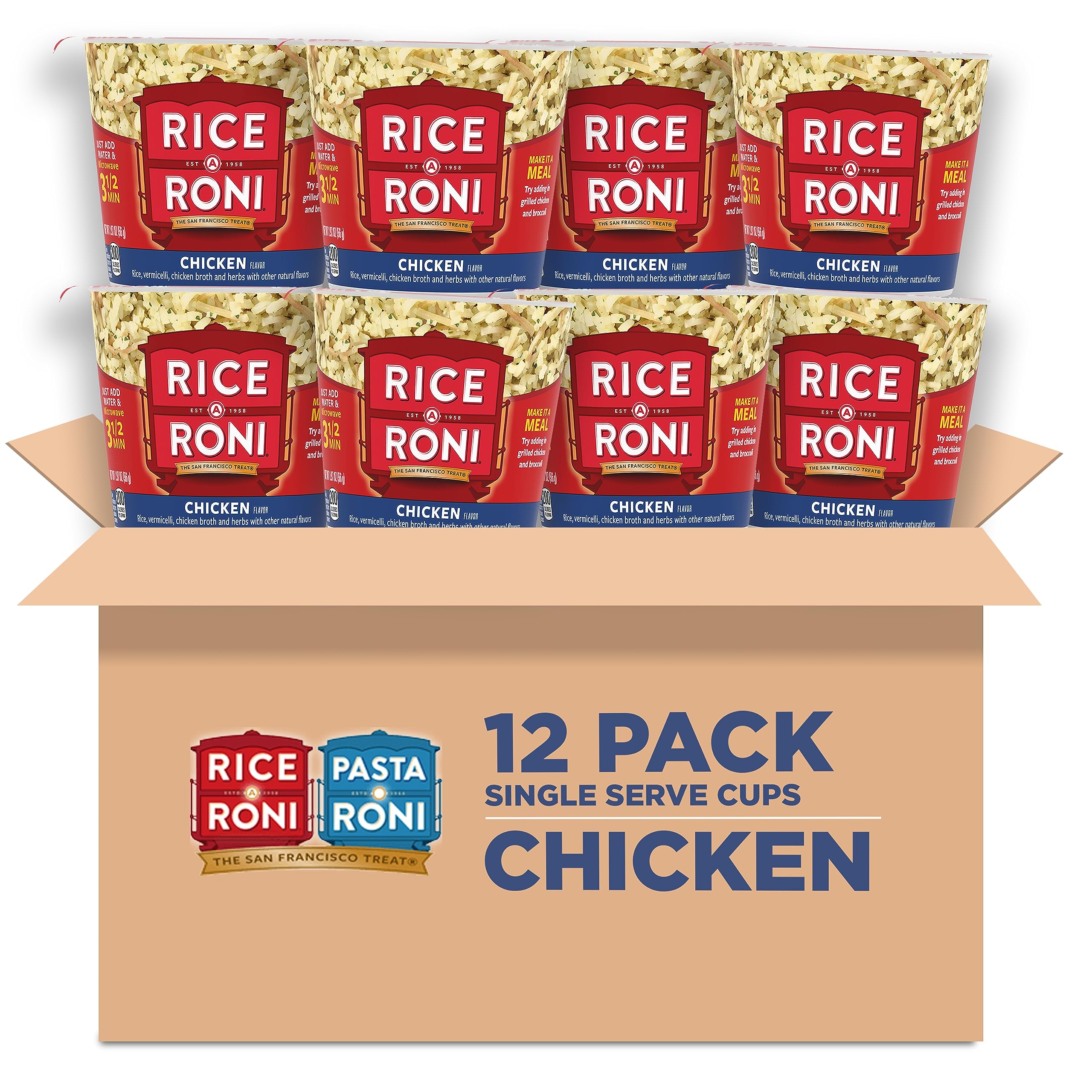 Rice-A-Roni vaso frontal con etiqueta visible y lista para preparar