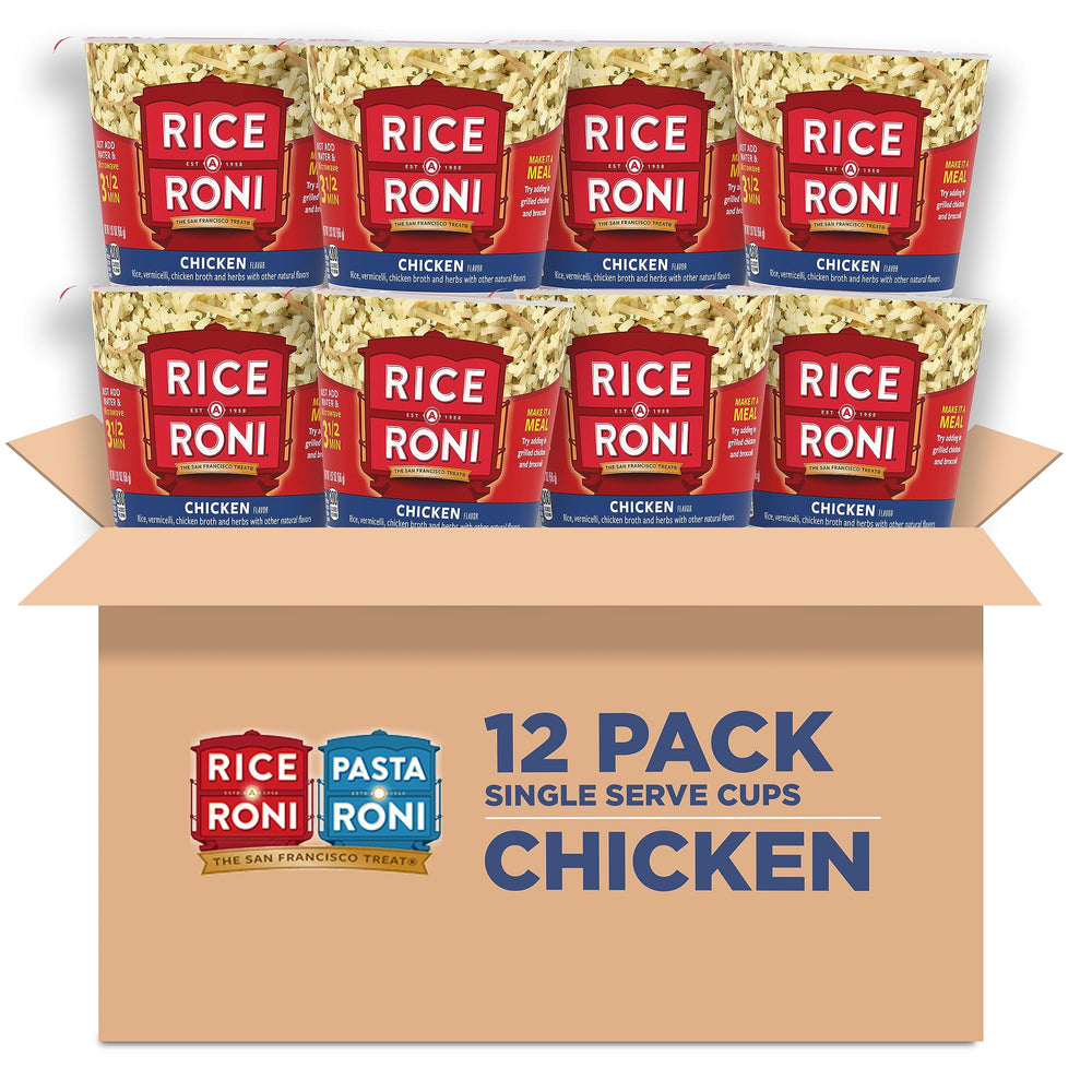 Rice-A-Roni vaso frontal con etiqueta visible y lista para preparar