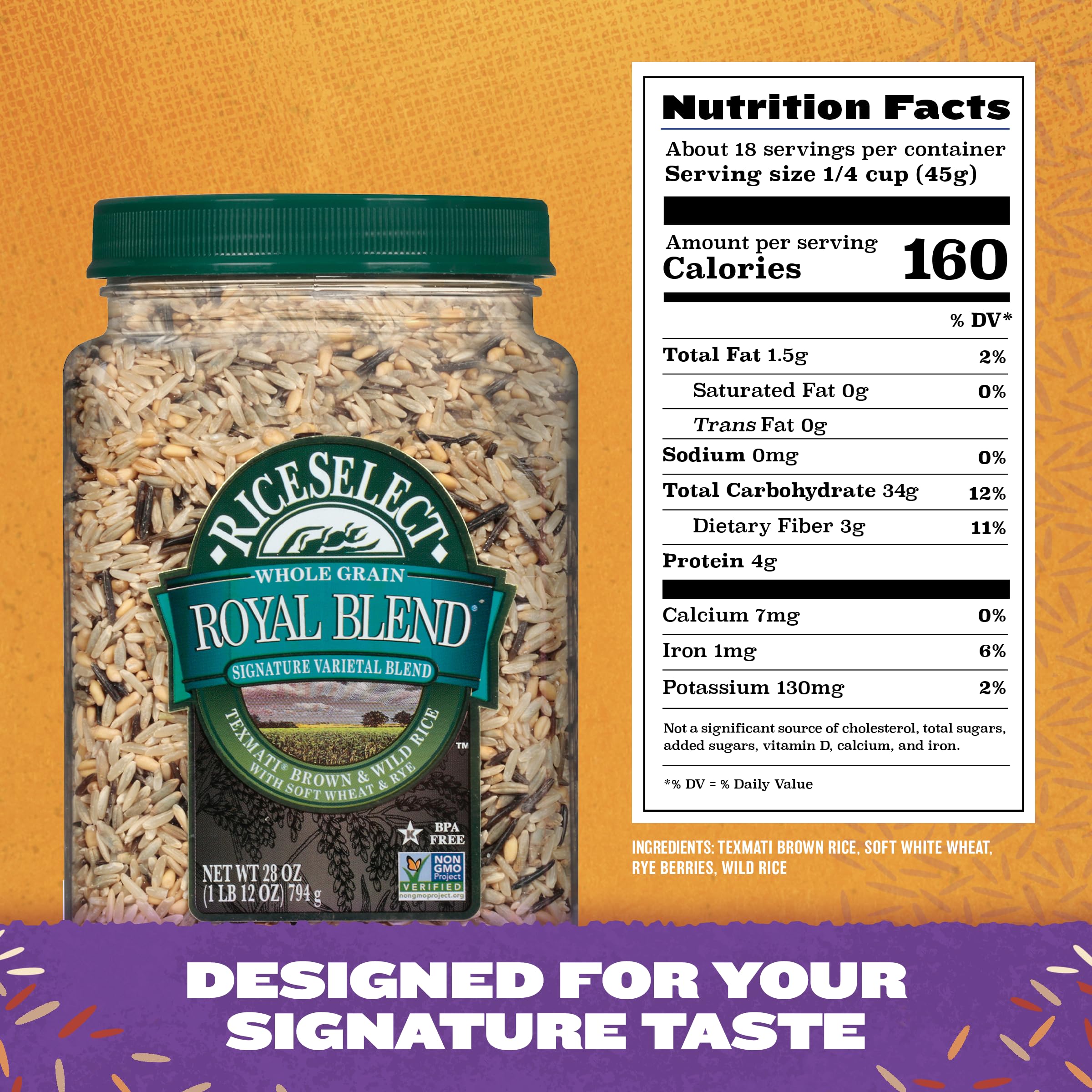 RiceSelect etiqueta con certificaciones Non-GMO, sin gluten y kosher visible