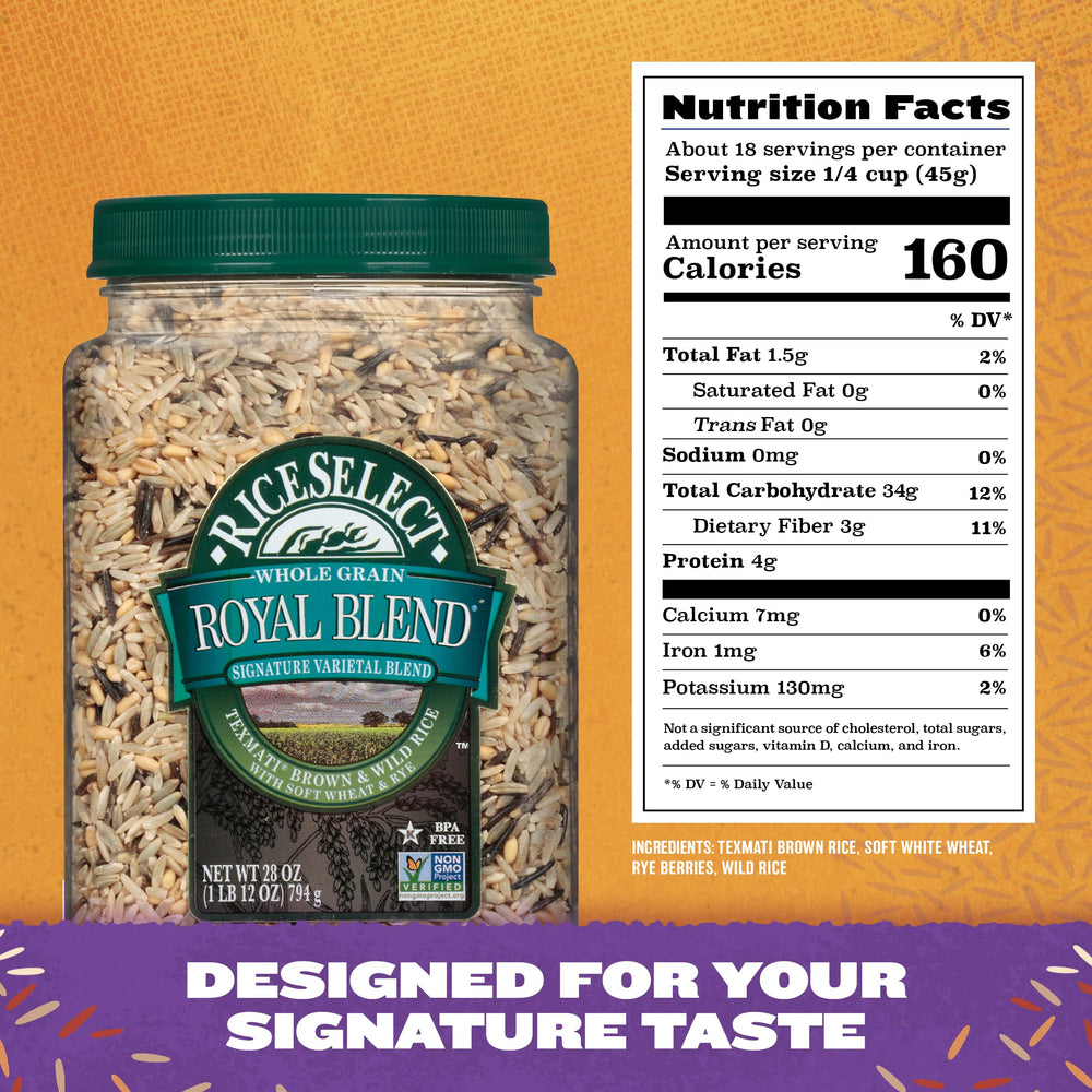 RiceSelect etiqueta con certificaciones Non-GMO, sin gluten y kosher visible