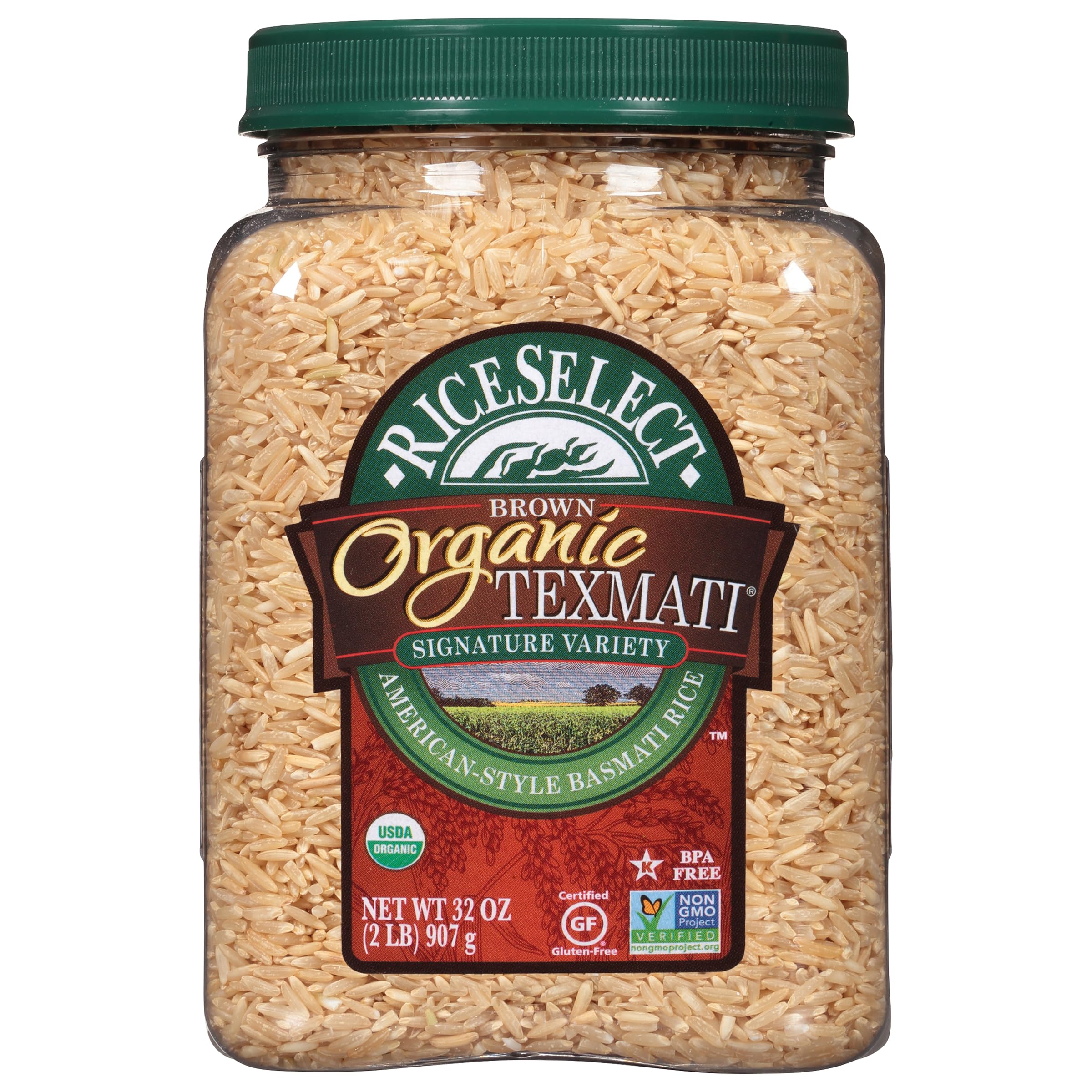 RiceSelect frasco transparente mostrando arroz Texmati, fácil almacenamiento