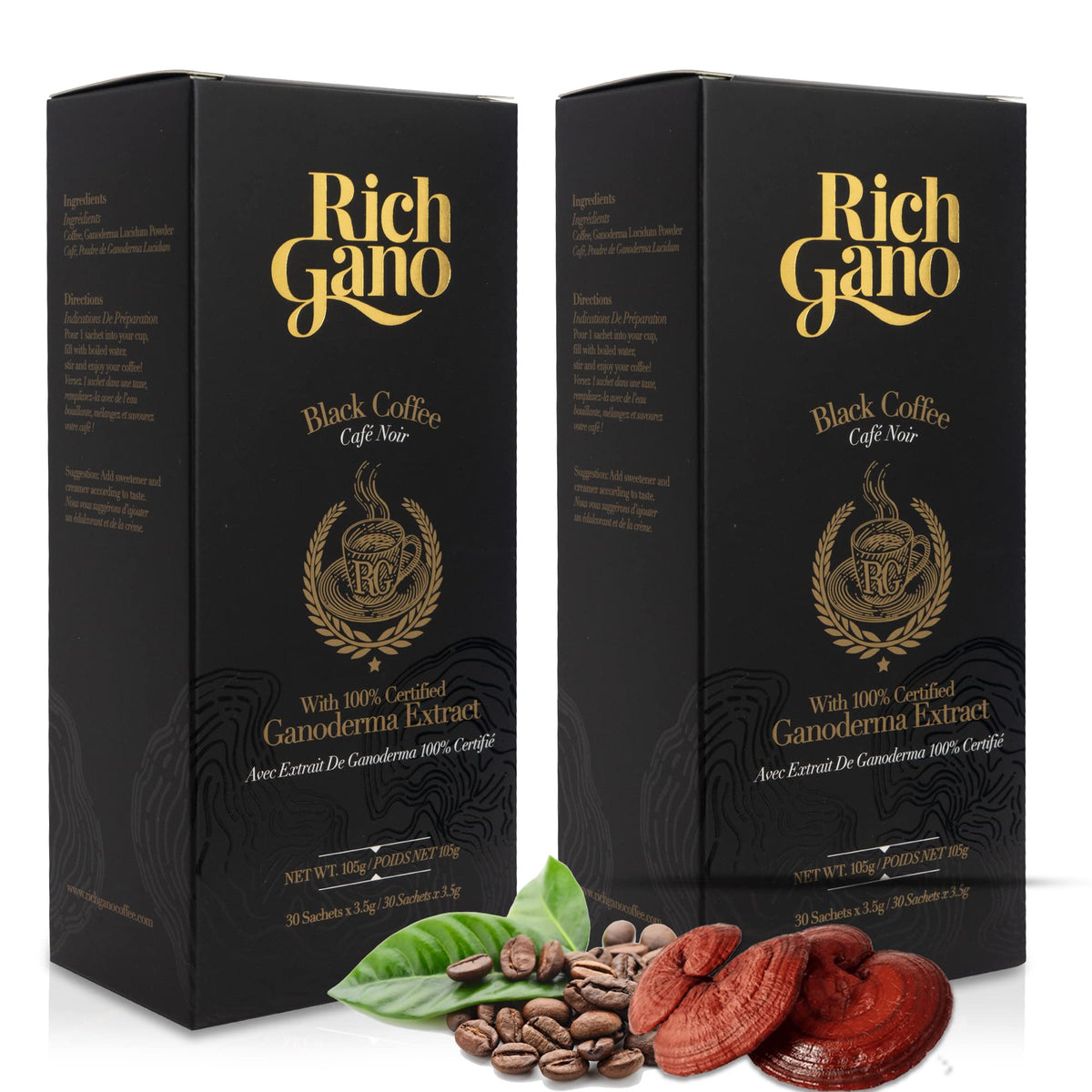 Rich Gano frente del empaque mostrando diseño y cantidad de sachets, práctico y atractivo