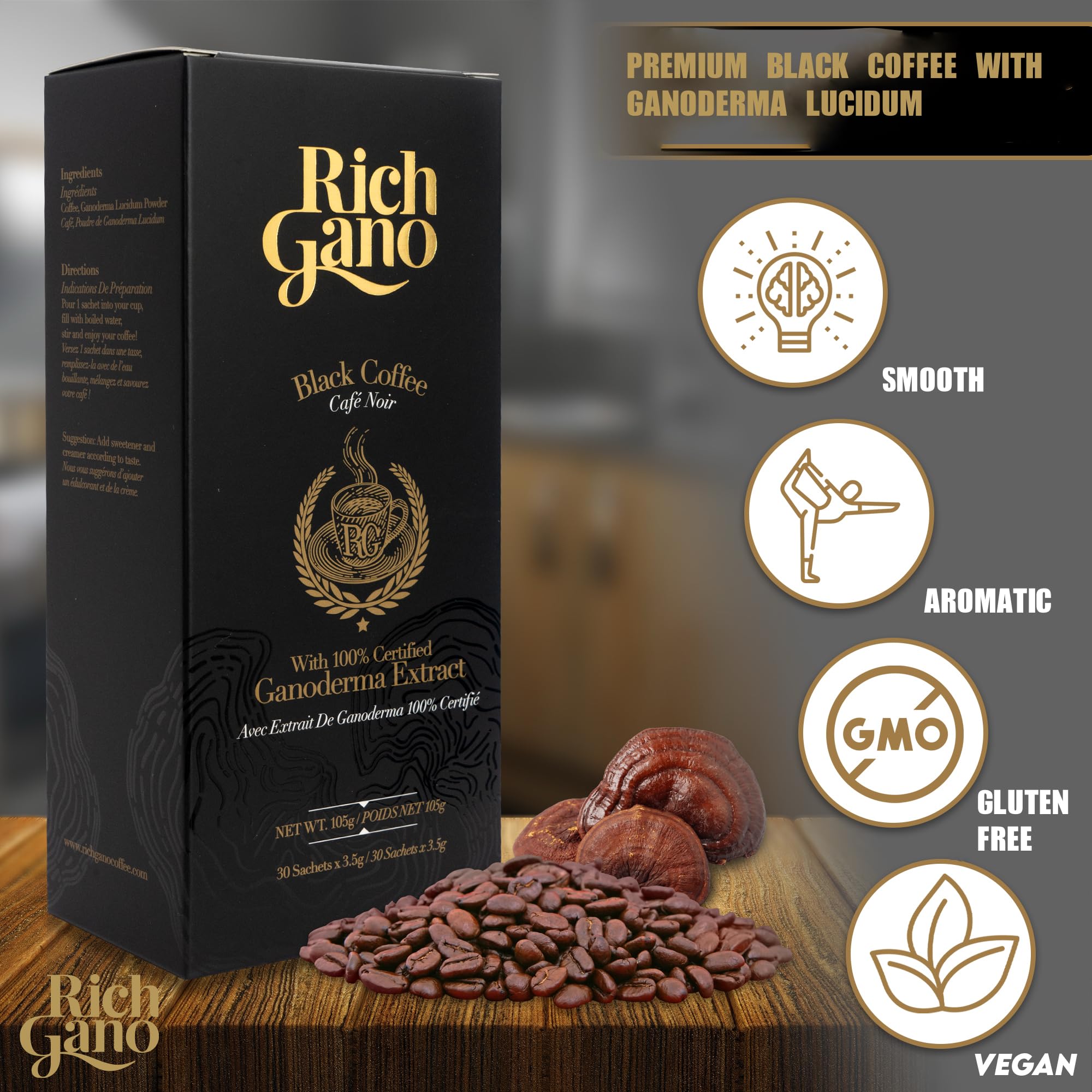 Rich Gano polvo de café con Ganoderma en primer plano, textura fina y fácil disolución