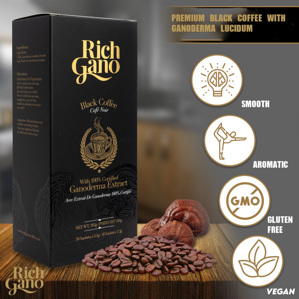 Rich Gano polvo de café con Ganoderma en primer plano, textura fina y fácil disolución
