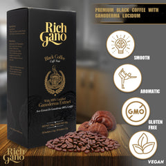 Rich Gano polvo de café con Ganoderma en primer plano, textura fina y fácil disolución