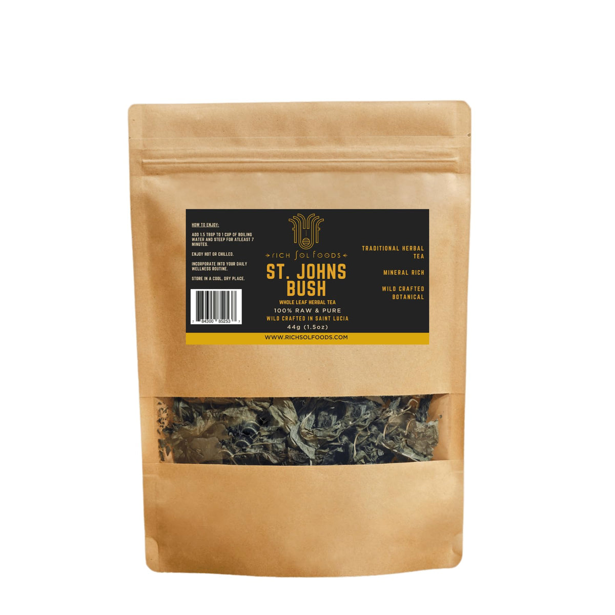 RICH SOL FOODS paquete frontal de té St. John's Bush mostrando etiqueta y color natural