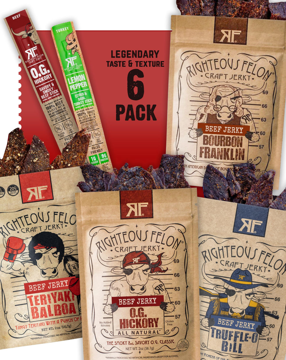 Righteous Felon caja surtido frente mostrando seis sabores, conveniencia para regalar