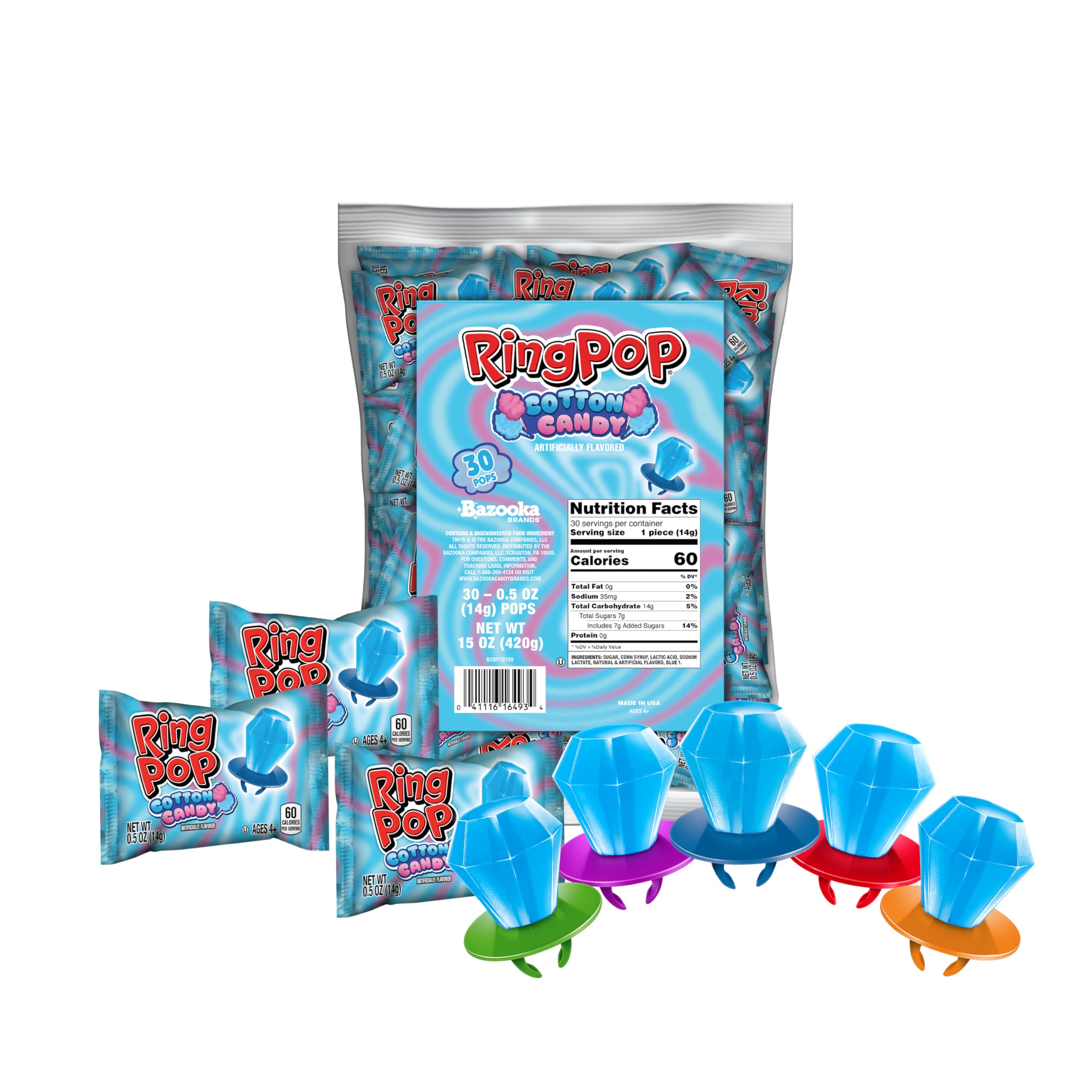 Ring Pop empaque frontal mostrando 30 anillos coloridos y práctico surtido
