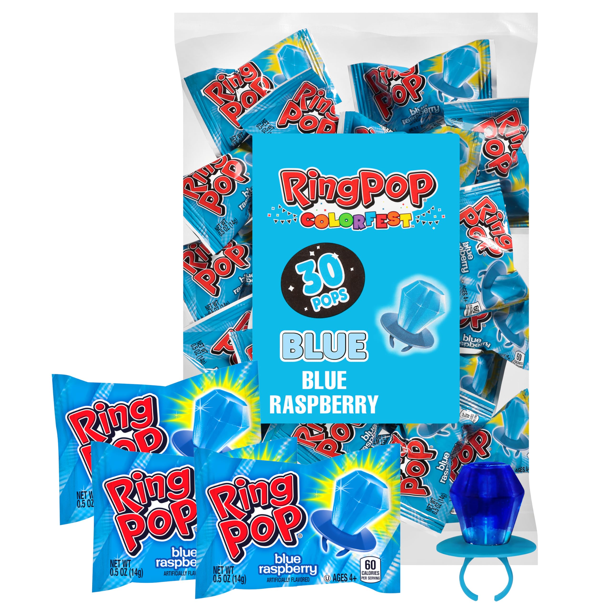 Ring Pop envoltura frontal Blue Raspberry mostrando 30 unidades y atractivo color