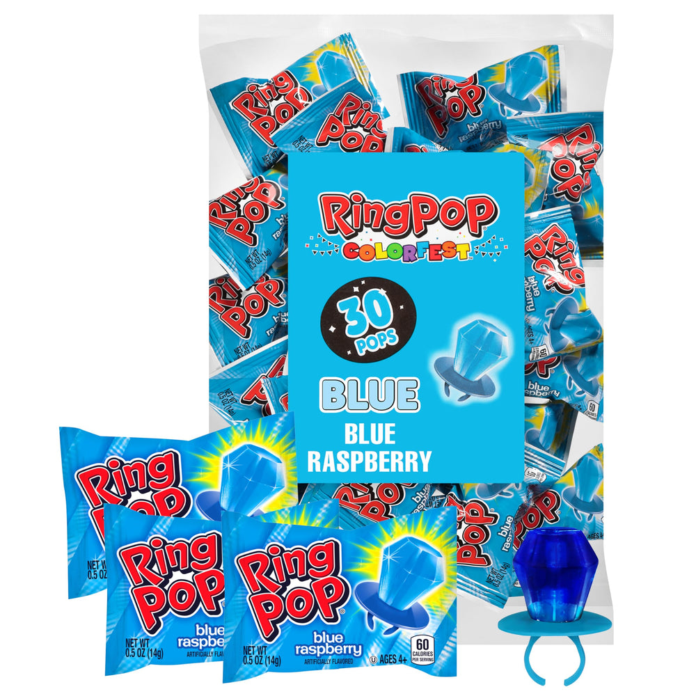 Ring Pop envoltura frontal Blue Raspberry mostrando 30 unidades y atractivo color
