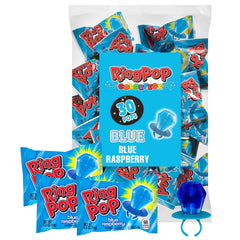 Ring Pop envoltura frontal Blue Raspberry mostrando 30 unidades y atractivo color