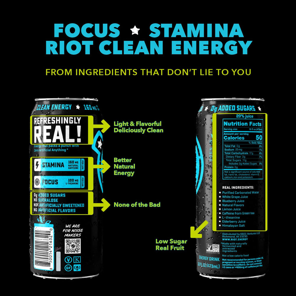 RIOT Energy etiqueta con ingredientes claros y sin artificios