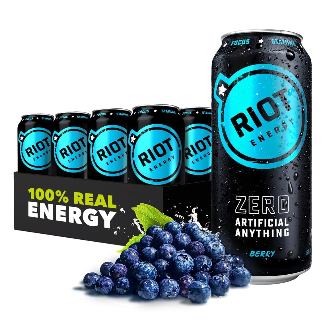 RIOT Energy lata frontal Berry muestra sabor natural y energía limpia