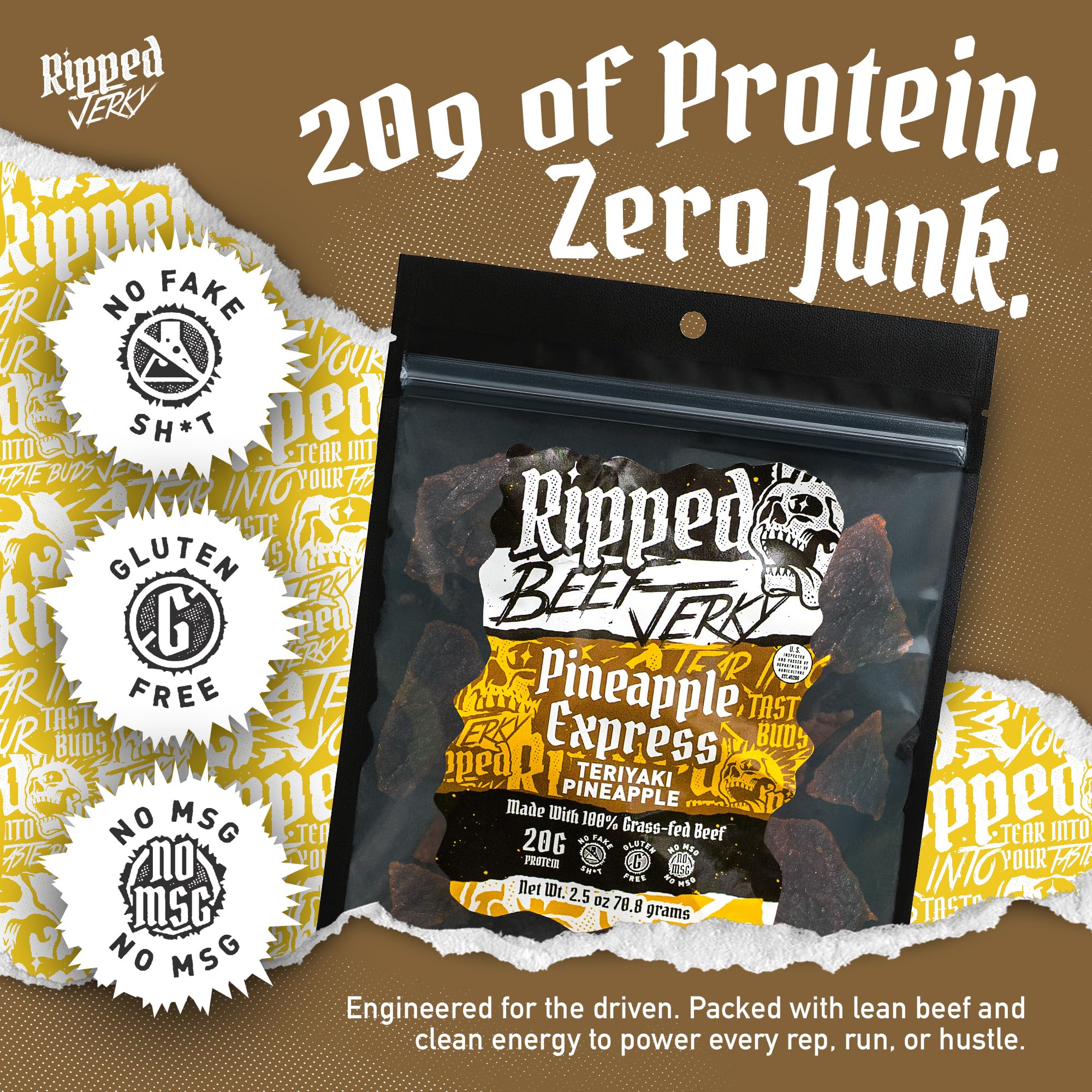 RIPPED JERKY bolsa abierta con tiras visibles para llevar y comer fácilmente