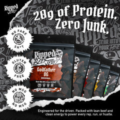RIPPED JERKY bolsa abierta en mano lista como snack portátil