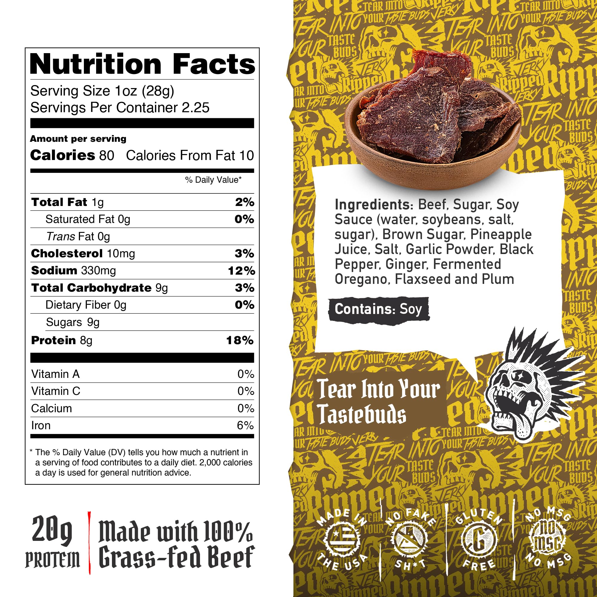 RIPPED JERKY primer plano de textura de carne que destaca ternura y sabor