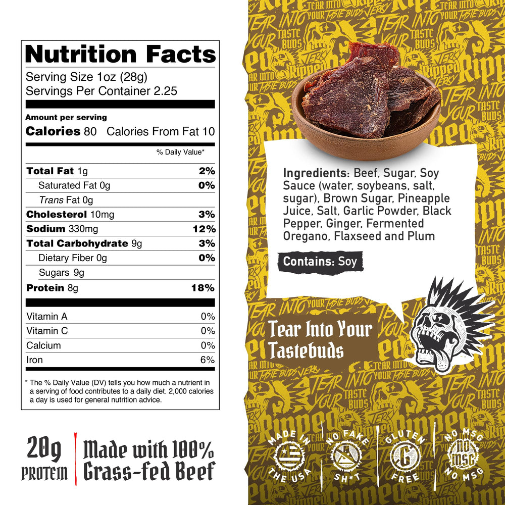 RIPPED JERKY primer plano de textura de carne que destaca ternura y sabor