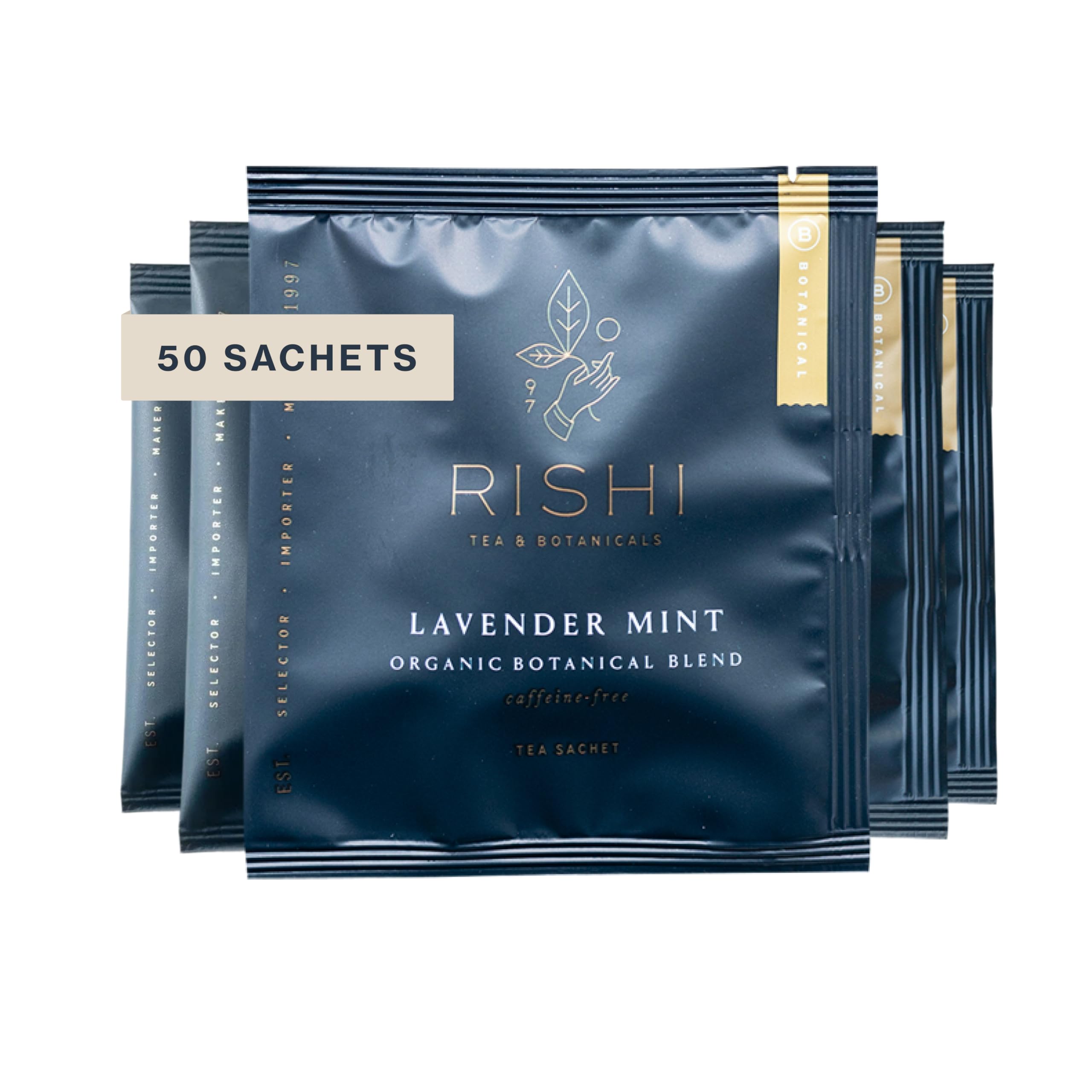Rishi Tea frente del empaque mostrando 50 bolsitas y beneficios orgánicos