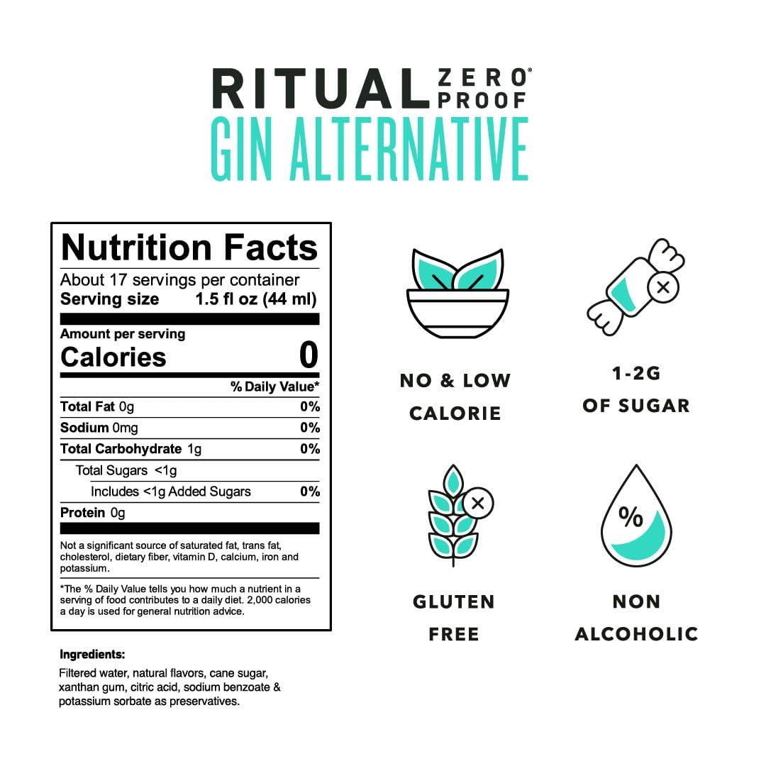 Ritual Zero-Proof primer plano de la etiqueta que destaca su sabor premiado