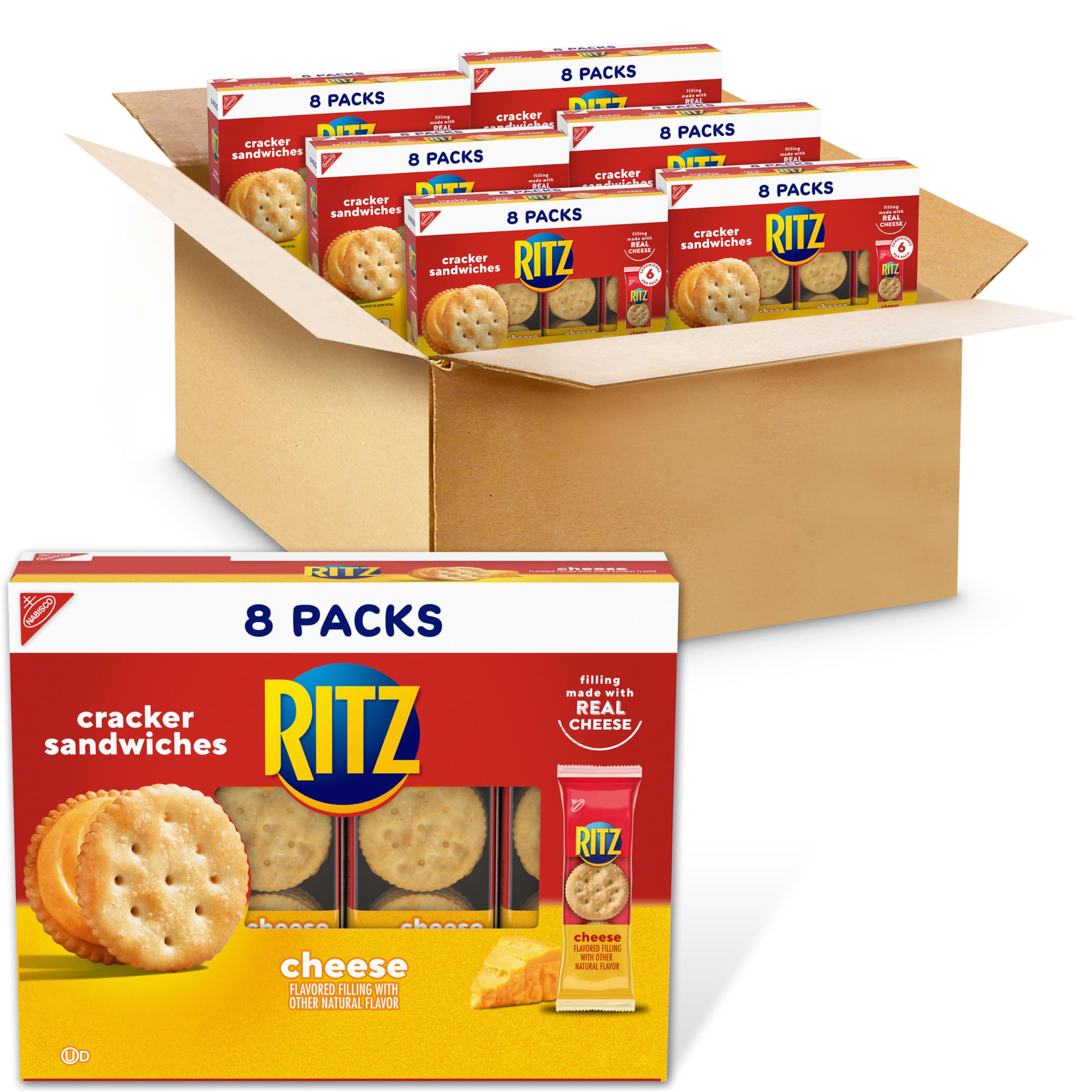 RITZ frente del paquete con galletas listas y fácil transporte