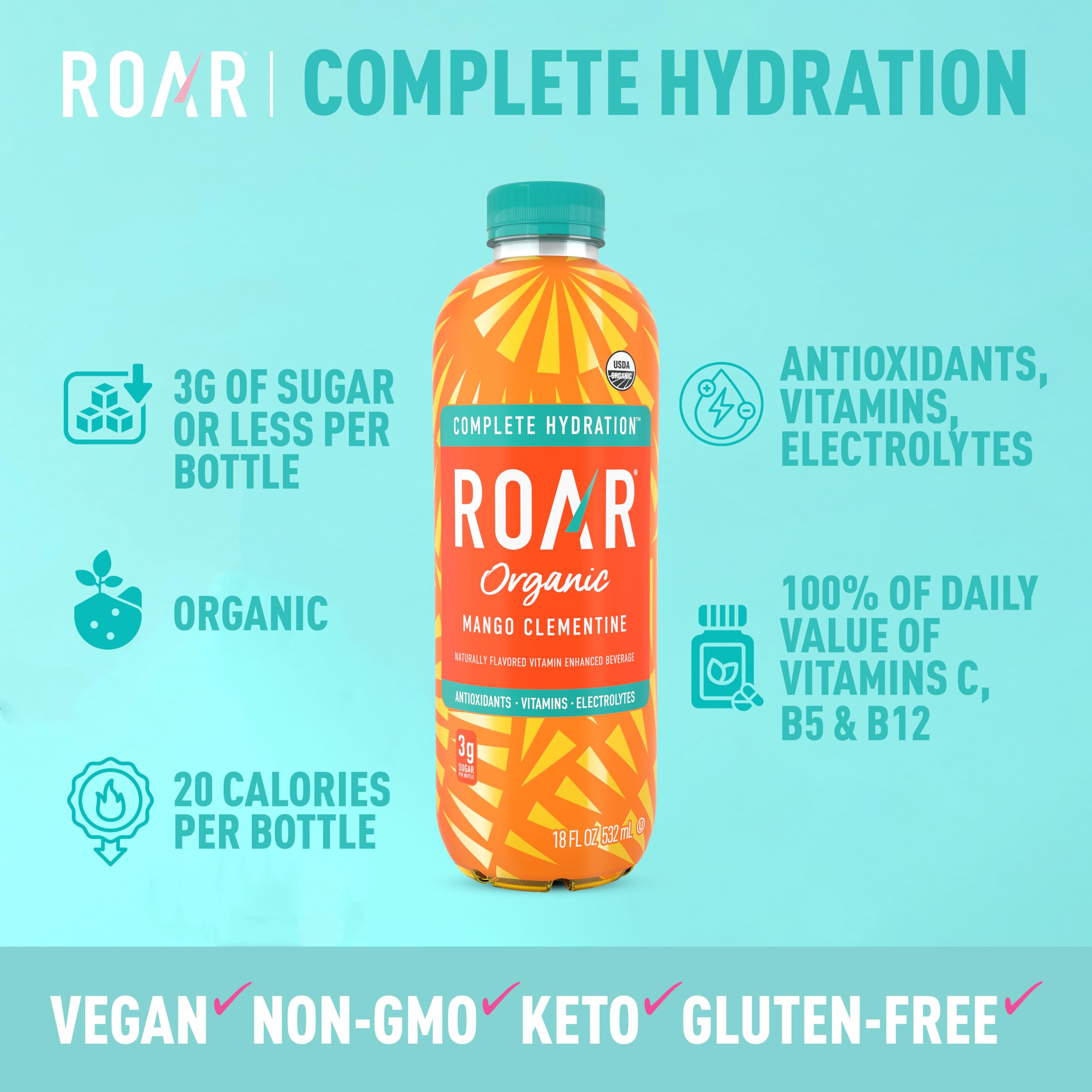 Roar Organic botella en mano demostrando tamaño práctico para llevar