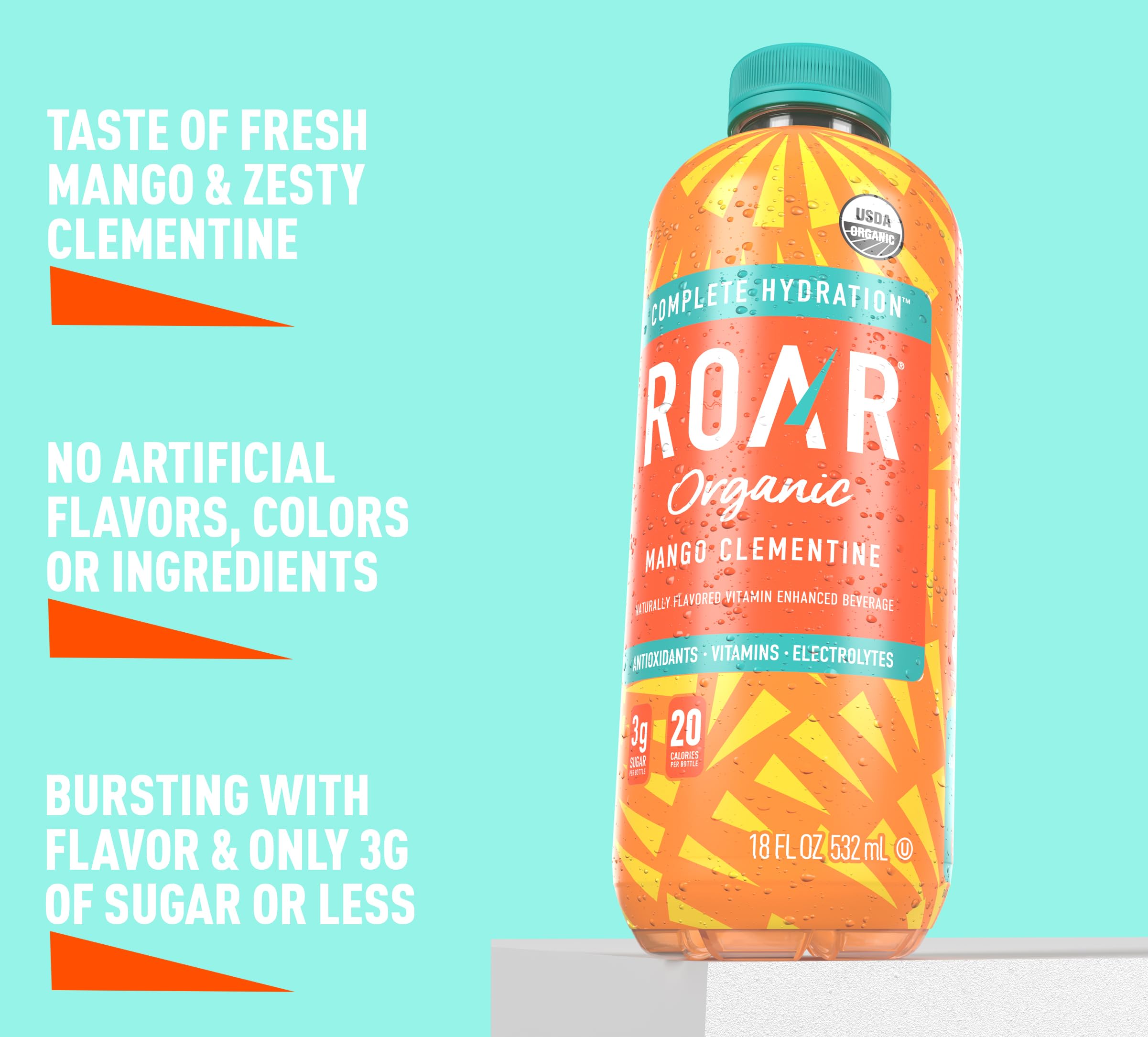 Roar Organic etiqueta nutricional visible informando vitaminas y electrolitos